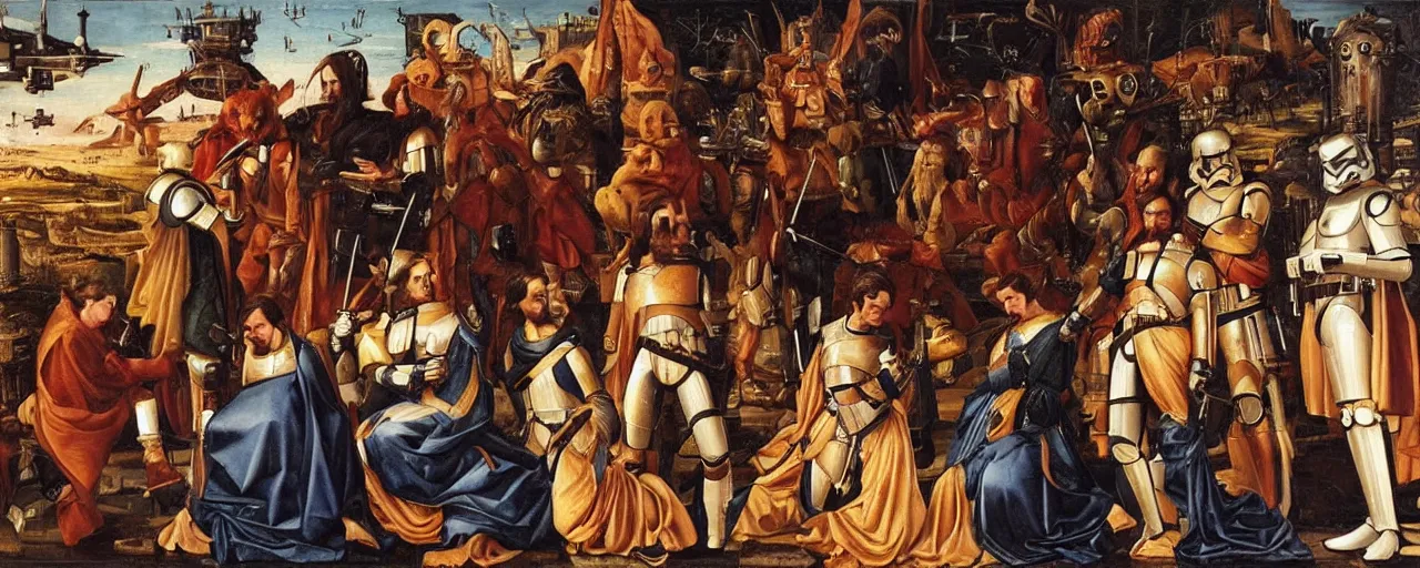 Prompt: An oil painting of Star Wars in renaissance Italy ”