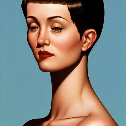 Prompt: a beautiful portrait of a thin young woman with a buzz haircut by greg hildebrandt