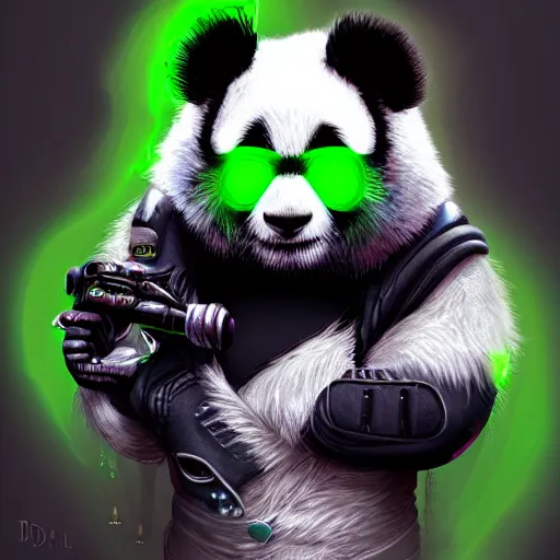 Prompt: cyberpunk panda, neon, stylized, artgerm, artstation, hd, cgsociety, cgi, realistic, dramatic, cinematic, artistic, trending, detailed