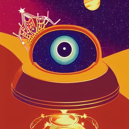 Image similar to a glowing crown sitting on a table with one large beautiful eye on top of it like a jewel, stars on top of the crown, night time, vast cosmos, geometric light rays exploding outwards into stars, sharp bold black lines, flat colors, minimal psychedelic 1 9 5 0 s poster illustration