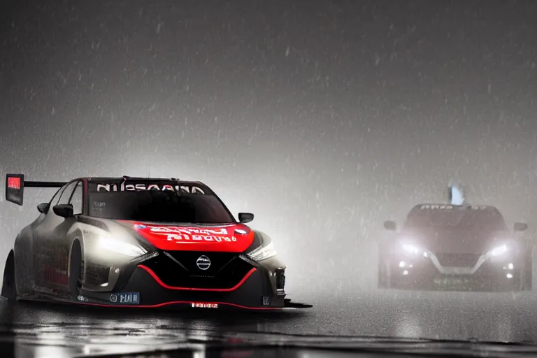 Prompt: Nissan Altima 2022. Altima GT Le Mans car racing on dimly lit track overcast skies raining headlights illuminating track, volumetric lighting cinematic vray photo muted colors dark cinematic. front side view uncropped centered. artstation trending dramatic harsh lighting low exposure