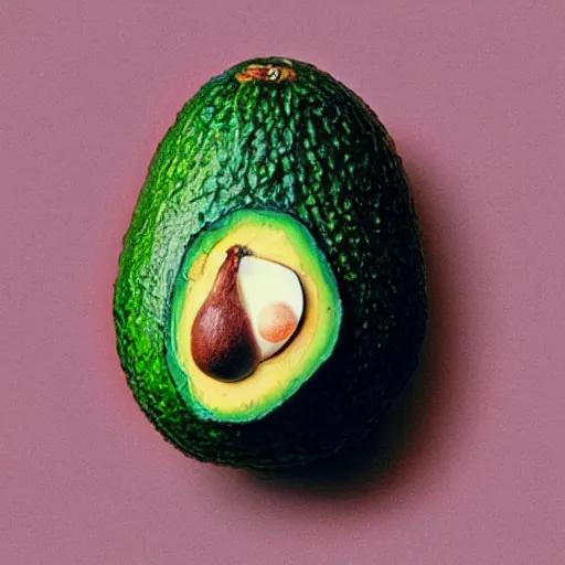 Image similar to bob ross embedded in an avocado