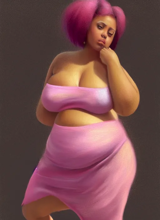 Image similar to full body portrait, teenage vanessa morgan, pink hair, brown skin, obese, curly pixie hair, sultry, realistic, short hair, hoop earrings, skirt, shirt, fat, belly, intricate, elegant, highly detailed, digital painting, artstation, concept art, smooth, sharp focus, illustration, art by wlop, mars ravelo and greg rutkowski