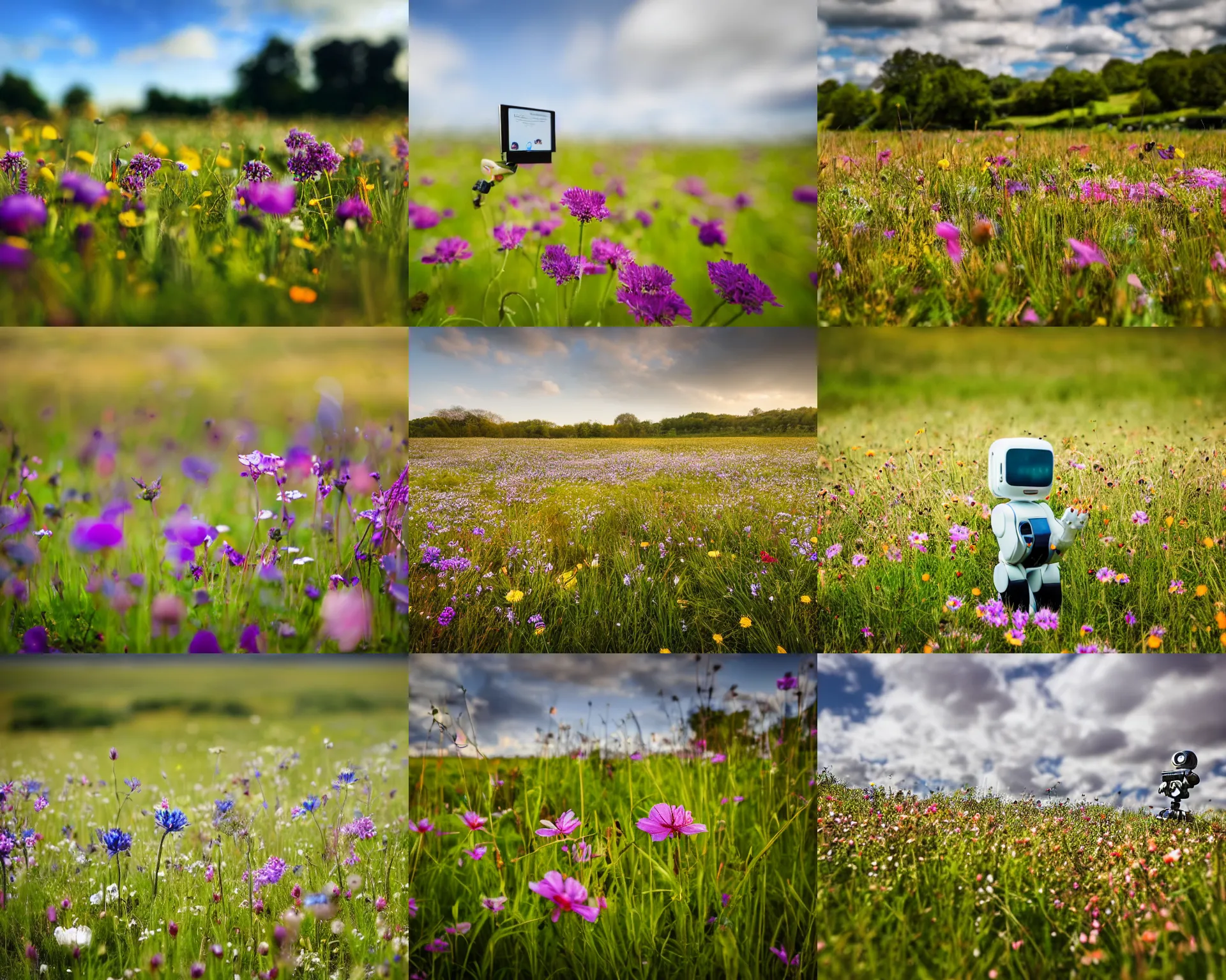Prompt: a wide angle landscape photo of a field of wild flowers being enjoyed by an up close robot, lpoty, award winning, bokeh, soft focus, photography