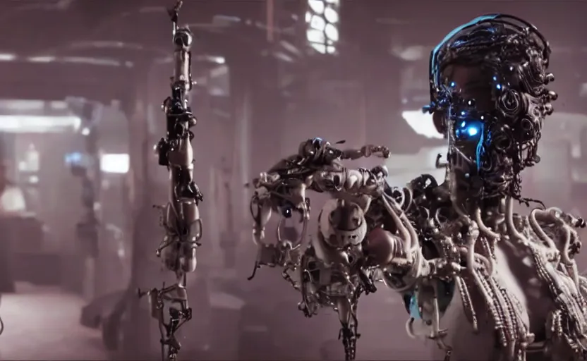 Image similar to biopunk style bounty hunter with one mechanical prosthetic arm and many cybernetics, movie still, cinematic shot