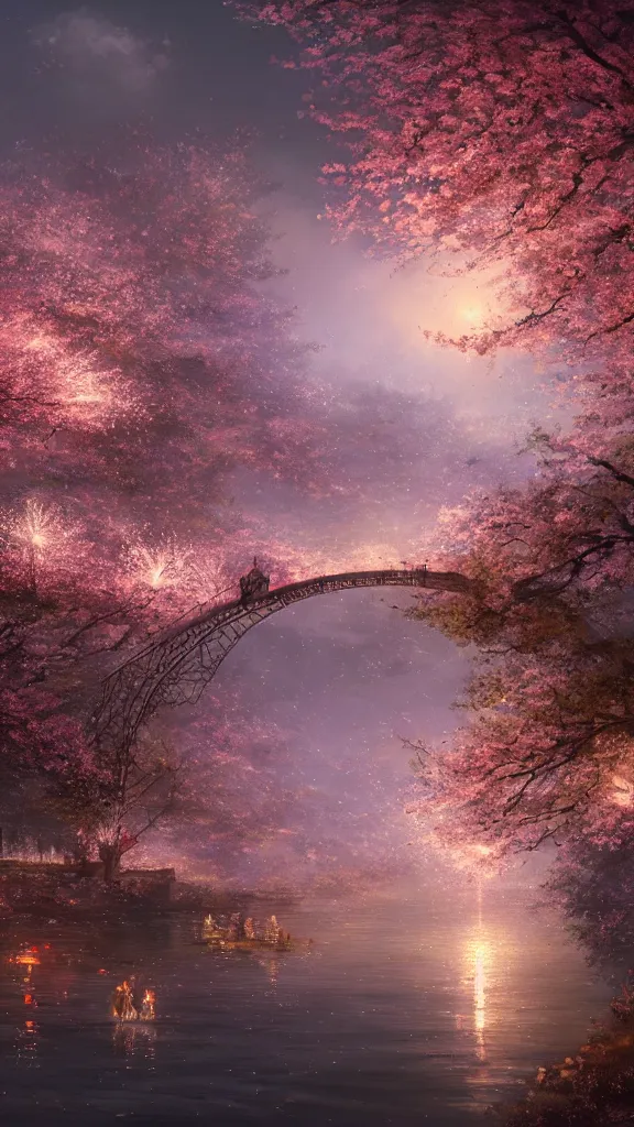 Prompt: fireworks, night light, arch bridge, chinese buildings in vally, cherry blossoms, lake, cloud, wlop, fairy tale, light effect, dream, greg rutkowski, james gurnev. artstation