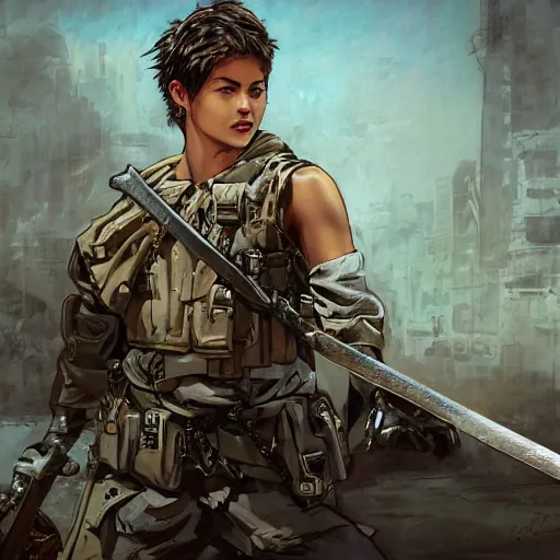 Image similar to cinematic portrait of a young white hero using his right arm to hold his sword covering his eye by yoji shinkawa, high quality, extra details, realism, ornate, colored, golden chain, blood, white skin, short hair, brown eyes, vivid, sunlight, dynamic, american man, freedom, white american soldier, painting, cybernetics, military