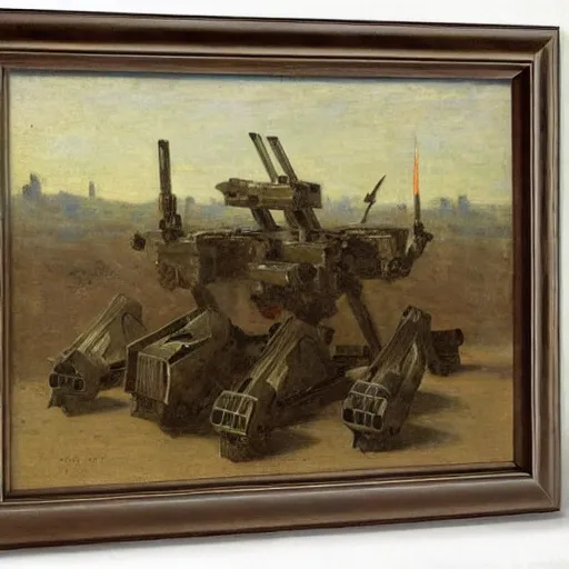 Prompt: Still life of a battle robot surrounded by his weapons, by Henri Fantin-Latour