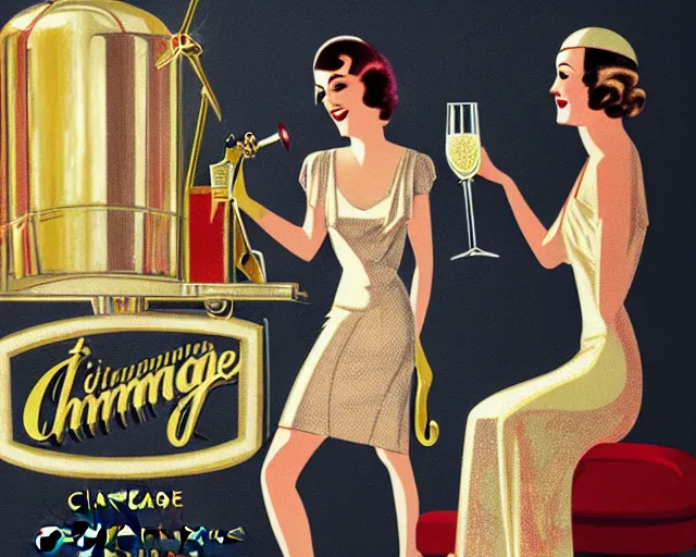Image similar to 1 9 3 0 s champagne commercial, realistic, artstation, illustration, bright, cheerful, detailed and intricate environment