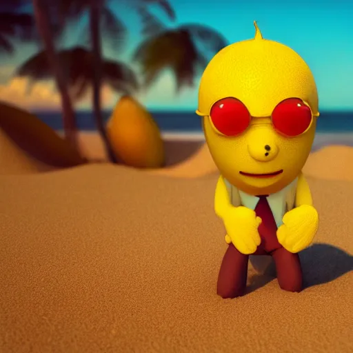 Image similar to 3 d render, of anthropomorphic lemon character with an angry look on his face, he is wearing a hat, relaxing on the beach at sunset, beach, waves, sun, rim light, cinematic photography, professional, sand