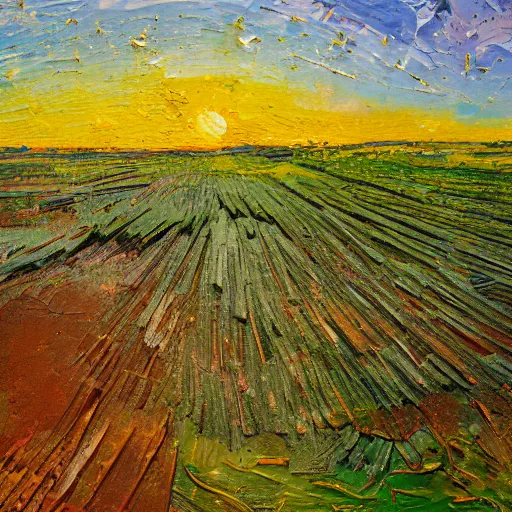 Image similar to oil paint impasto relief, beautiful evening view of an oilseed field, evening, multi layered thick brush marks, some splattered paint, in the style of ivan shishkin and frank auerbach and van gogh