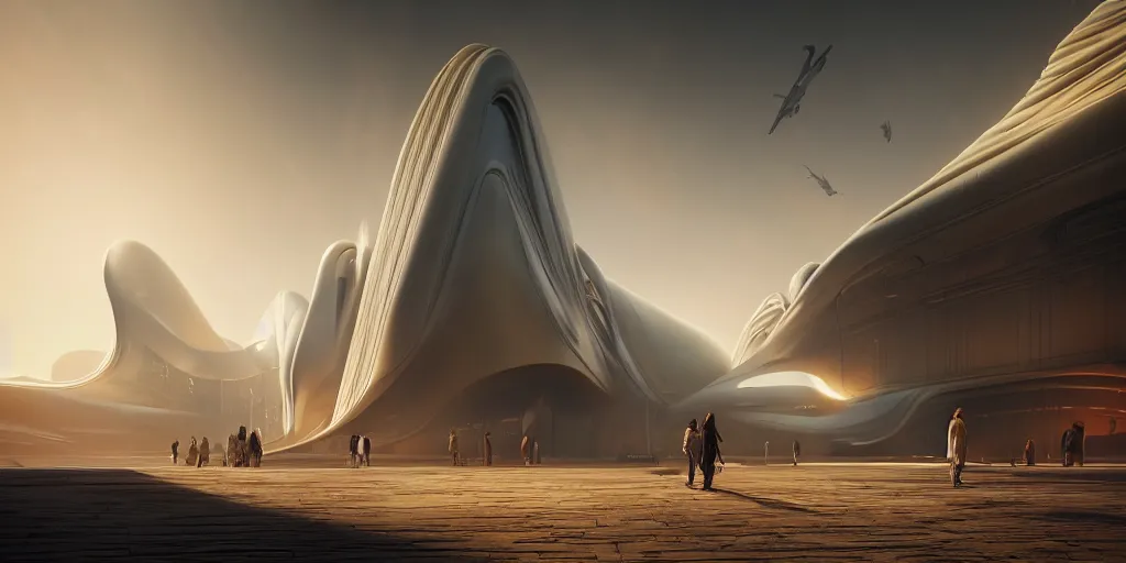 Image similar to heaven, by tim blandin and arthur haas and bruce pennington and john schoenherr, big windows architecture by zaha hadid, octane render, warm colour scheme, white, cinematic, scenery, cgsociety, modernism, futuristic, trending on artstation, sci - fi, high detail, high quality, close up angle, people walking