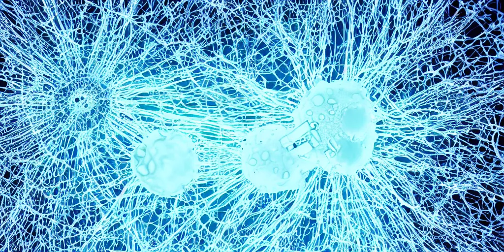 Prompt: molecular war. dramatic scientific visualization of bacteriophages attacking the defenses of a bacteria protected by a biofilm. t 4 t 7 phage virus injecting dna into a giant bacterial cell made of glass and light radiating with dark beauty. endless microbial war. escheria coli and glass cyan blue aerguionsa under attack. award winning microscopy.