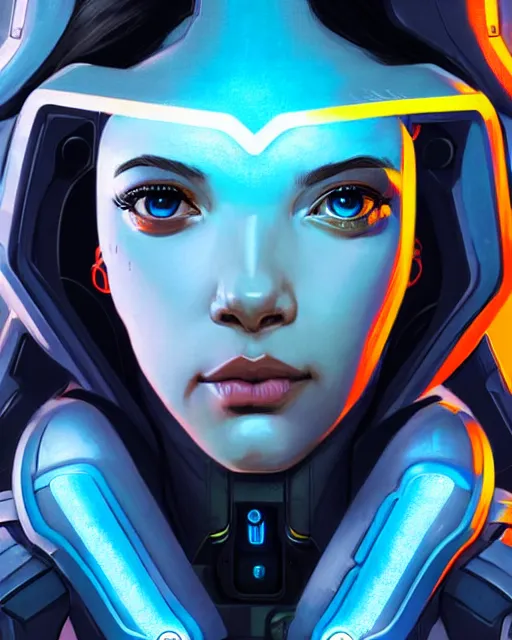 Image similar to echo from overwatch, blue hologram female face, character portrait, portrait, close up, concept art, intricate details, highly detailed, vintage sci - fi poster, retro future, in the style of chris foss, rodger dean, moebius, michael whelan, and gustave dore