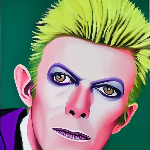 Image similar to an oil painting of blond David Bowie in purple jacket and light green shirt in style of Kira Yoshikage from JOJO.