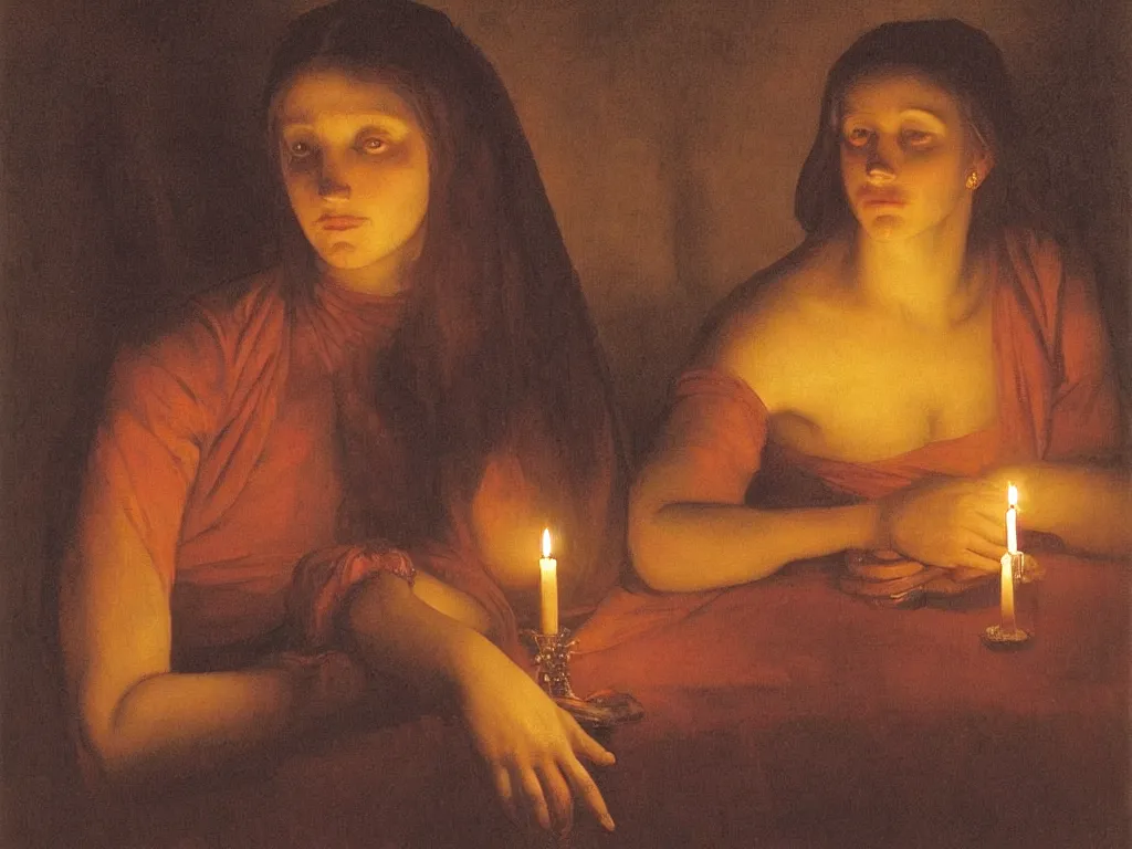 Image similar to Beautiful woman seated at a candle light. Melancholy. Painting by Georges de la Tour, Jan Saudek