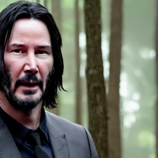 Prompt: Keanu reeves in The woods foggy but clear image 4k detailed