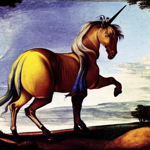 Image similar to a unicorn walking on a rainbow, in the style of caravaggio