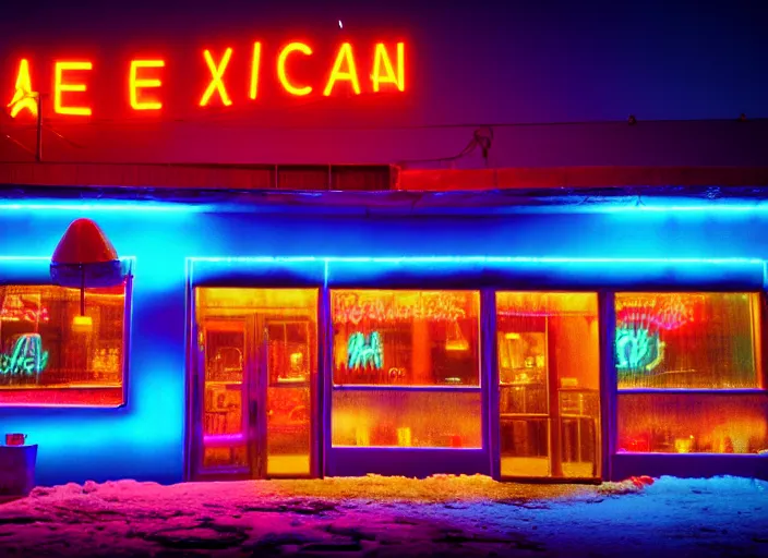 Image similar to exterior photo of a lone mexican restaurant, neon lights, vaporware, in a flat snowy field. 15mm. Very detailed 8k. Sharp. Cinematic post-processing. Unreal engine. Nanite. Ray tracing. Parallax. Tessellation
