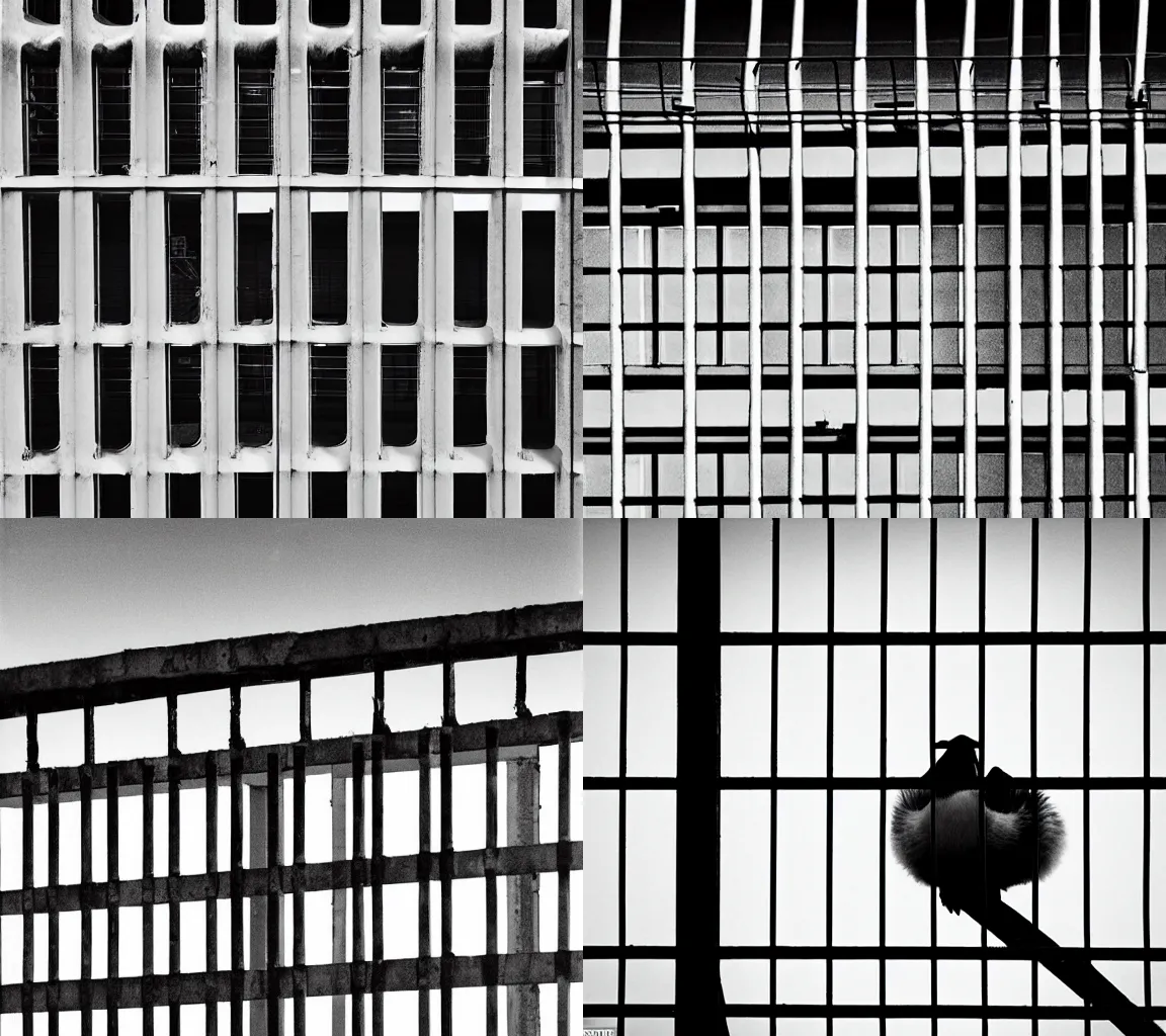Prompt: Joachim Brohm photo of 'canada goose perched behind jail bars', high contrast, high exposure photo, monochrome, grainy, close up