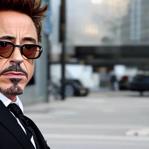 Image similar to Robert Downey Jr. with a very tired and tired face rolls his eyes, in a business black suit crossed his arms, stands indoors, the background is blurred, focus in the foreground, realism, details,