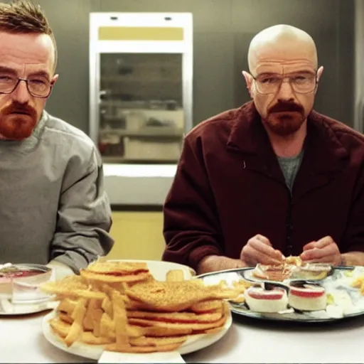 Image similar to walter white and jesse pinkman eating hamburger