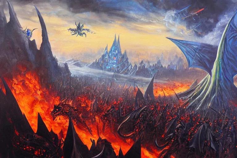 Image similar to oil painting mordor with dragons flying and knights fighting,