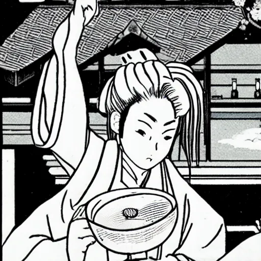 Prompt: Tsunade drinking sake in a japanese pub by Shoji Sato in the style of Black And White Manga