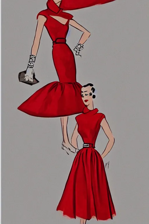 Image similar to an elegant fashion illustration of a beautiful red 5 0 s dress