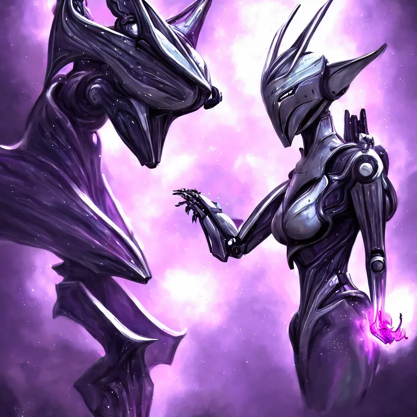 Image similar to cinematic bust shot, cosmic sized proportional stunning beautiful hot female warframe, detailed robot mecha female dragon head, metal ears purple eyes, sleek silver armor, fuschia skin, floating in empty space, nebula sized, posing elegantly, epic proportions, epic size, epic scale, furry art, dragon art, giantess art, warframe fanart, furaffinity, deviantart