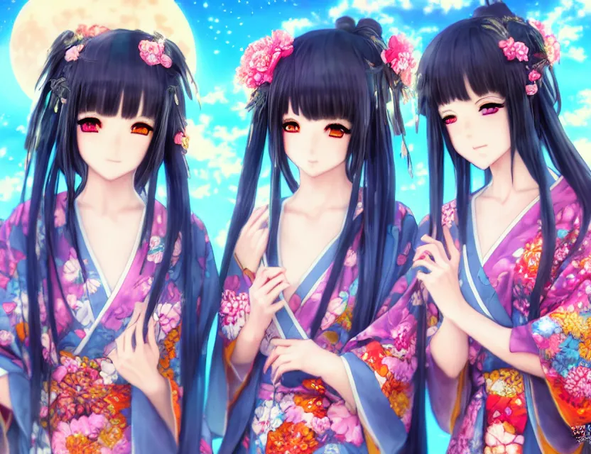 Prompt: two beautiful anime girls wear fantasy kimono in festival | | sunny night, full moon, dreamlike art, realistic shaded, smile, good looking, hyper details, 4 k realistic, cryengine, realistic shaded lighting poster by artgerm, ross tran, fuji choko, 8 k resolution, trending on artstation, luxury