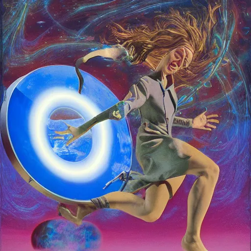 Image similar to A performance art. A rip in spacetime. Did this device in her hand open a portal to another dimension or reality?! warm blue by Robert Williams unified, depressing