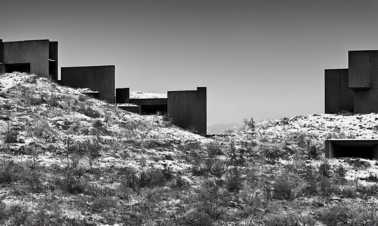 Prompt: high - resolution black - and - white photography with a 3 5 mm f / 2 2 lens of brutalist architectural houses in macedonia in a snowy desert.