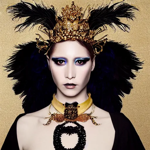 Image similar to a hyperrealistic high fashion portrait of a fierce proud queen of ravens, in a black dress with a collar made of iridescent feathers and golden adornments, photorealistic, intricate details, by zhang jingna and soey milk and amir ershadi and anja millen