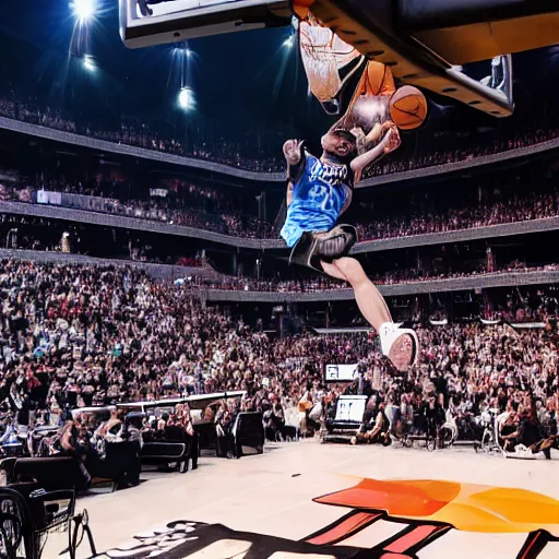 Image similar to photograph of stephen hawking in a wheelchair flying in the air dunking, highlights of the 2 0 1 9 nba slam dunking contest