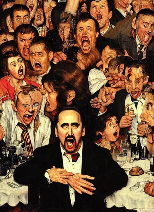 Prompt: full body and head portrait of nicholas cage screaming about crazy evil in a restaurant as everyone else looks puzzled, painted by norman rockwell and tom lovell and frank schoonover