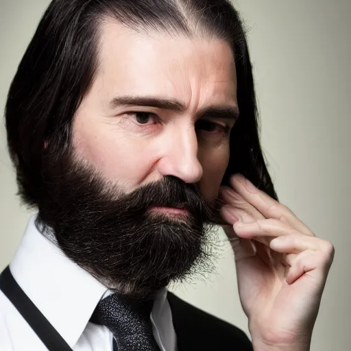 Prompt: studio photo of a handsome middle aged caucasian man, with pale skin, long wavy black hair, full beard, hooked nose, wearing a black suit, 8k, high resolution,