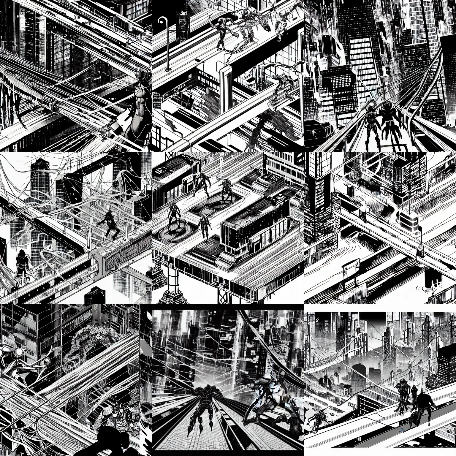 Prompt: black and white avengers fight each other on the bridge with wires and monsters, isometric, by tsutomu nihei, cyberpunk city background