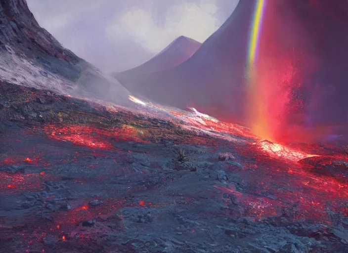 Prompt: rainbow from an erupting volcano at night, painting by Craig Mullins, octane rendering, soft morning lighting, wide angle lens, in the style of Hayao Miyazaki, trending on artstation,