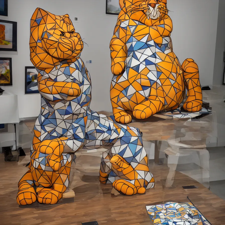 Image similar to beautiful gallery show studio photograph of a giant realistic geometric ceramic sculpture of garfield cat!!!!, heavily glazed by bridget riley and victor vasarely, placed on a polished wooden table, colorful hyperrealism 8 k trending on artstation