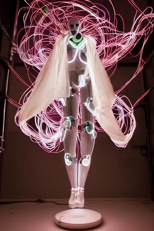 Image similar to full-body baroque and bladerunner style white neon and ceramic statue of a muscular attractive Spanish robot god humanoid wearing a see-through silk cloak sim roupa, posing like a falling model, suspended from the ceiling with thick neon cables, glowing peach face, street hoody of red steampunk lasers, emeralds, swirling silver silk fabric. futuristic elements. oozing glowing liquid, full-length view. space robots. human skulls. throne made of bones, intricate artwork by caravaggio. Trending on artstation, octane render, cinematic lighting from the right, hyper realism, octane render, 8k, depth of field, 3D