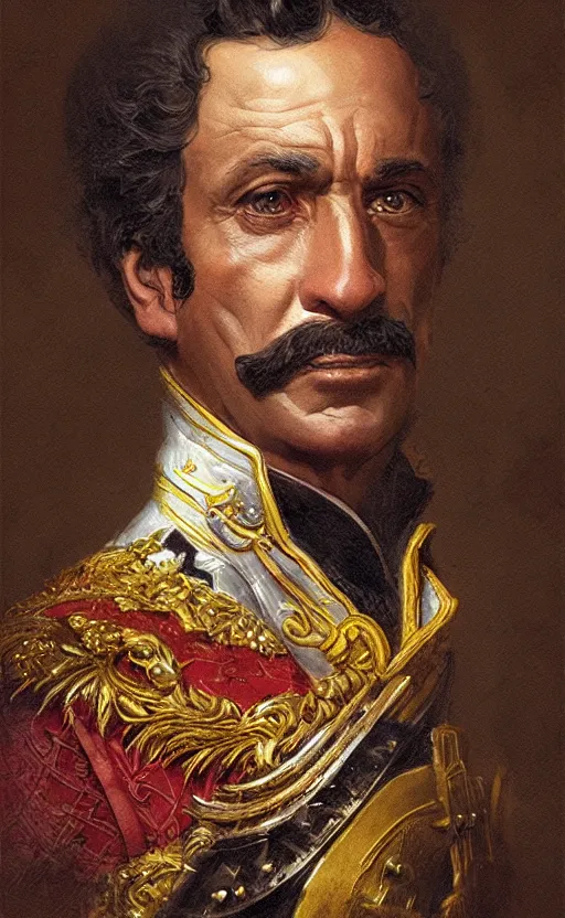 Prompt: official Portrait of a middle-aged napoleonic King, Hispanic, male, detailed face, 19th century, highly detailed, cinematic lighting, digital art painting by greg rutkowski