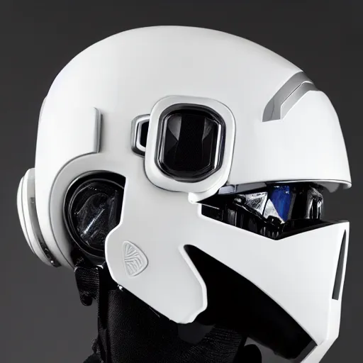 Image similar to sci fi mecha helmet, futuristic streetwear design and adornment, all white and gold, layered detail and depth, 16k resolution, highly detailed, styled by LGHT and Vittorio Bonapace, beautiful