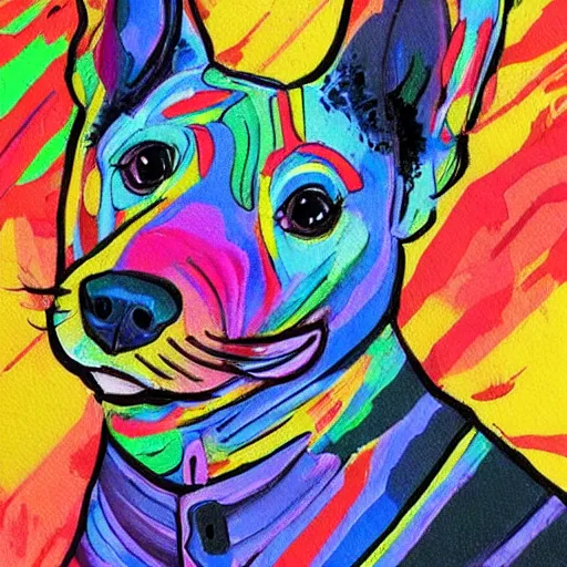 Image similar to a cute dog. the painting is very colorful and expressive, using a lot of black space which makes the characters and scenes pop out. unique way of using line work and color to create a sense of movement and energy. has a dreamlike quality and includes elements of nature.