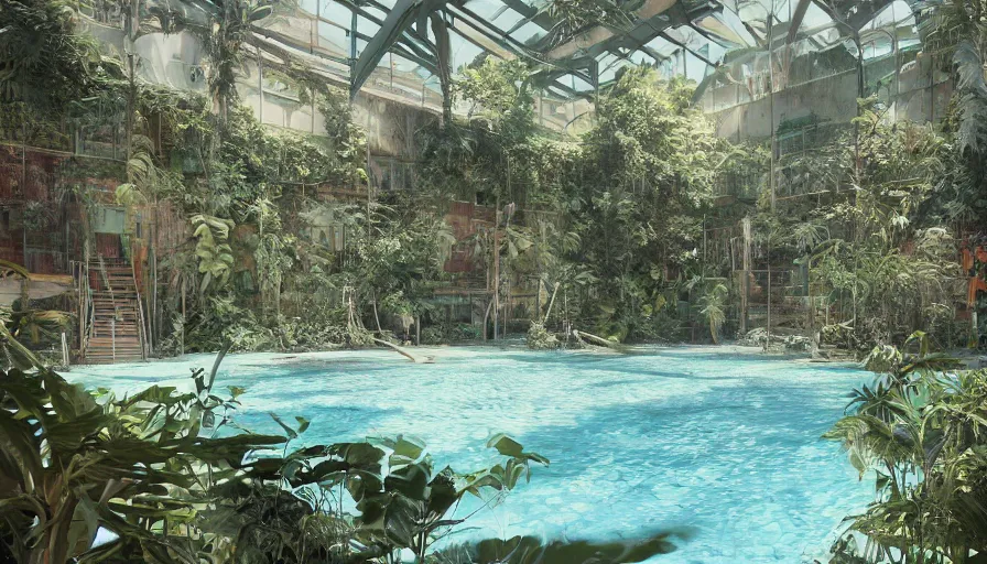 Image similar to Abandoned dusty indoor empty pool covered by vegetation during heat wave , hyperdetailed, artstation, cgsociety, 8k
