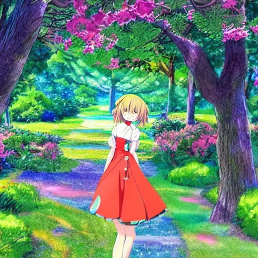 Prompt: cute art of a beautiful anime girl with colorful dress, walking on the green garden, detailed