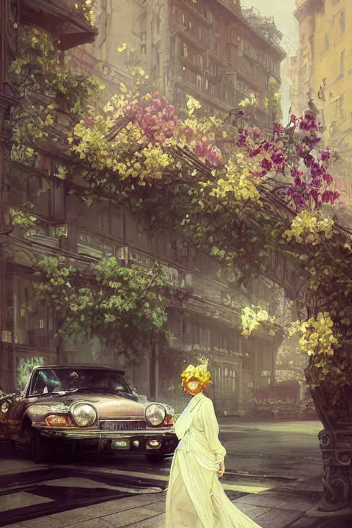 Image similar to ultra realistic illustration, old vintage car in the city with flowers blooming out the window, elegant, highly detailed, digital painting, concept art, smooth, sharp focus, illustration, art by greg rutkowski and alphonse mucha