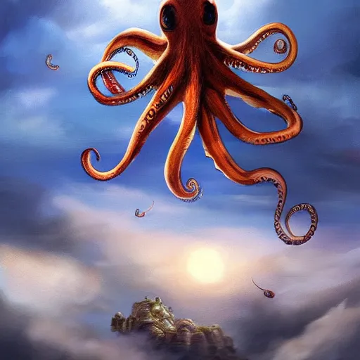 Prompt: flying octopus among clouds fantasy illustration, trending on artstation, deviantart, very realistic, 4k