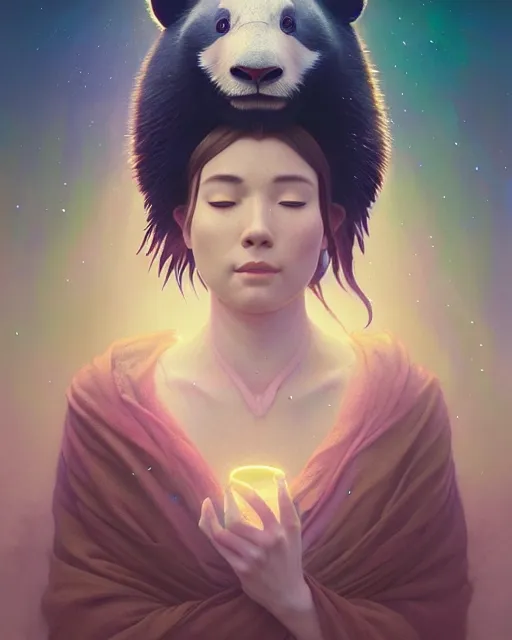 Image similar to highly detailed surreal vfx portrait of a sacred panda, stephen bliss, unreal engine, greg rutkowski, loish, rhads, beeple, makoto shinkai and lois van baarle, ilya kuvshinov, rossdraws, tom bagshaw, alphonse mucha, global illumination, detailed and intricate environment