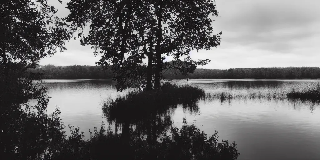 Image similar to infinitely long rope zig zagging across the surface of the water into the distance, floating submerged rope stretching out towards the center of the lake, a dark lake on a cloudy day, moody scene, trees in the background, hyper - detailed photograph, 4 k anamorphic lens